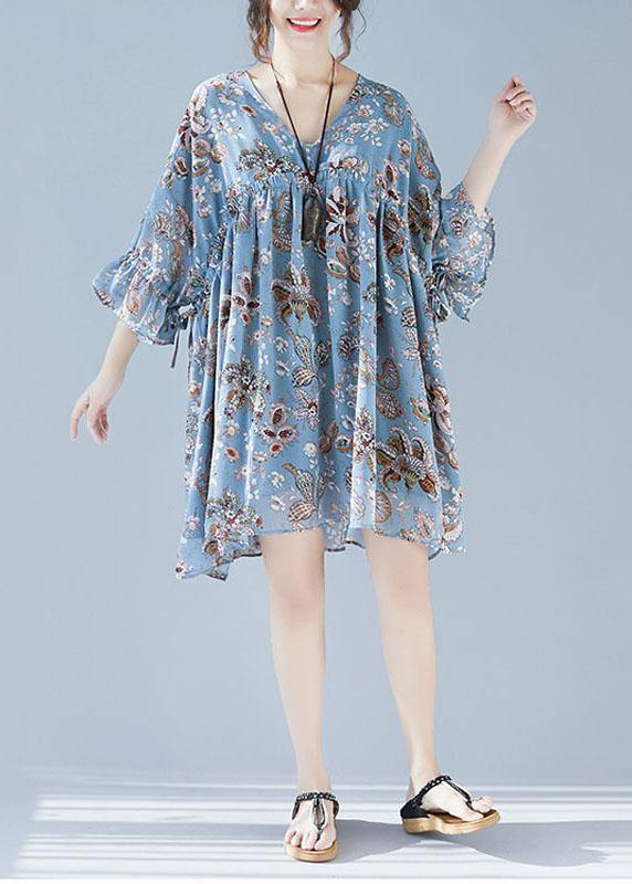 Blue V Neck Loose Print Summer Chiffon Long Dresses Half Sleeve