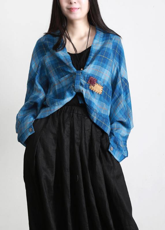 Blue Plaid Batwing Sleeve Linen Summer Shirt Tops