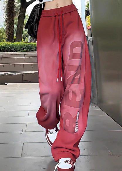 Red Gradient Color Lace Up Elastic Waist Cotton Pants Spring