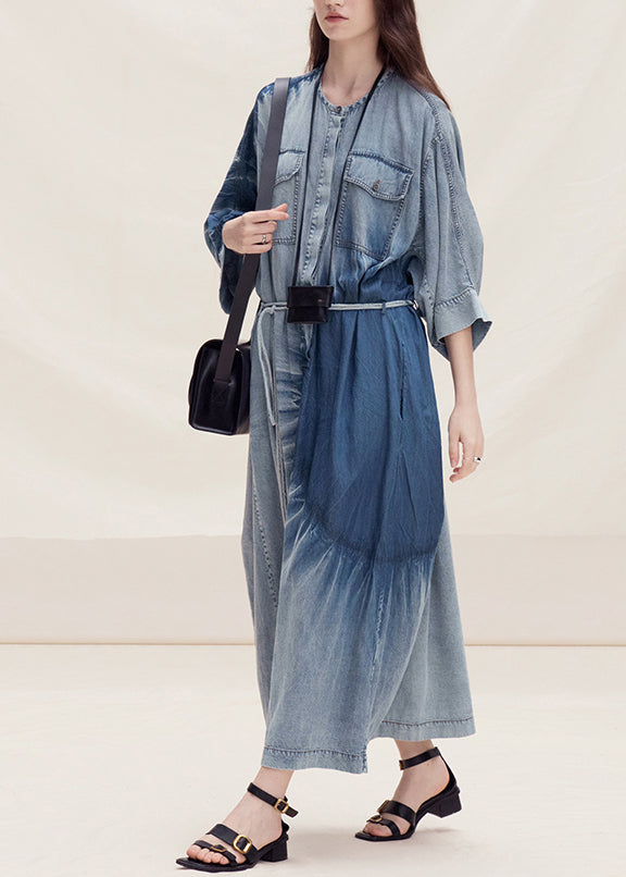 Blue O Neck Tie Dye Denim Dress Summer