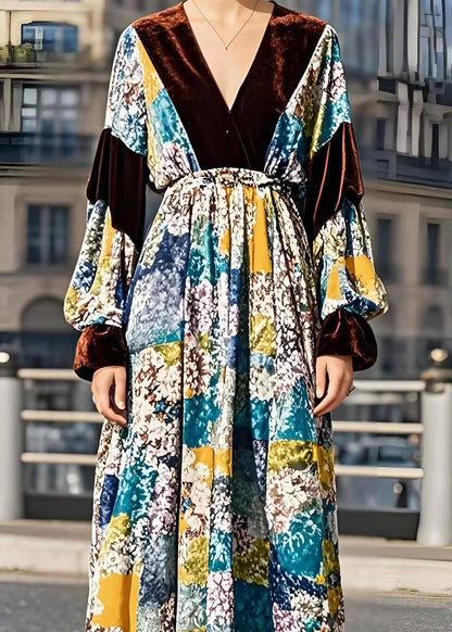 Boutique V Neck Patchwork Print Silk Velour Holiday Dress Spring
