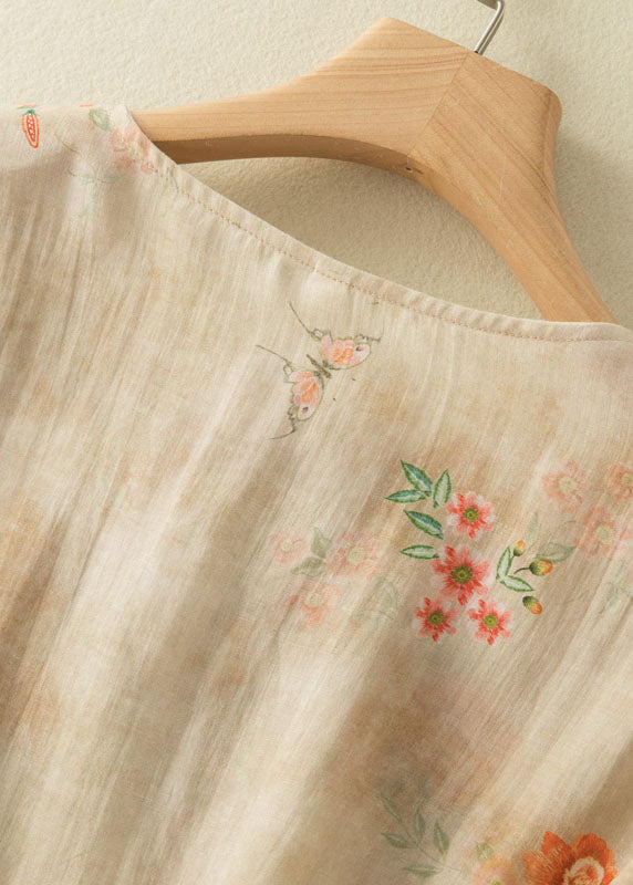 Chinese Style Apricot O-neck Print Oriental Button Side Open Linen Shirt Top Bracelet Sleeve
