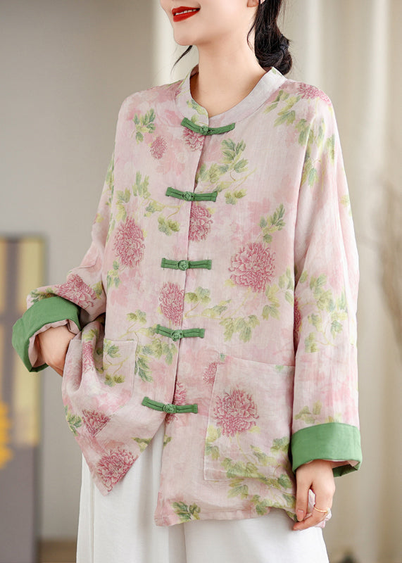Pink Print Pockets Chinese Button Linen Blouse Top Spring