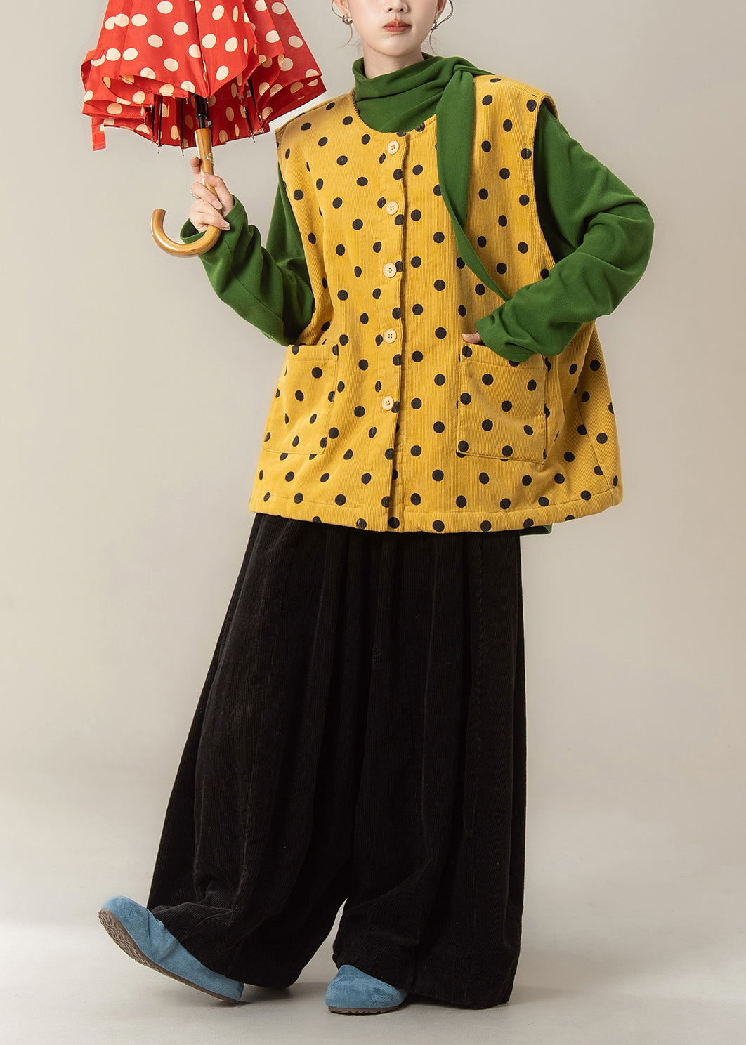 Japanese Style Yellow Dot Corduroy Vest and T Shirt Pants Set Winter