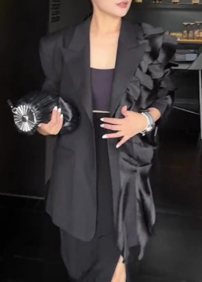 French Black Notched Asymmetrical Coats Long Sleeve