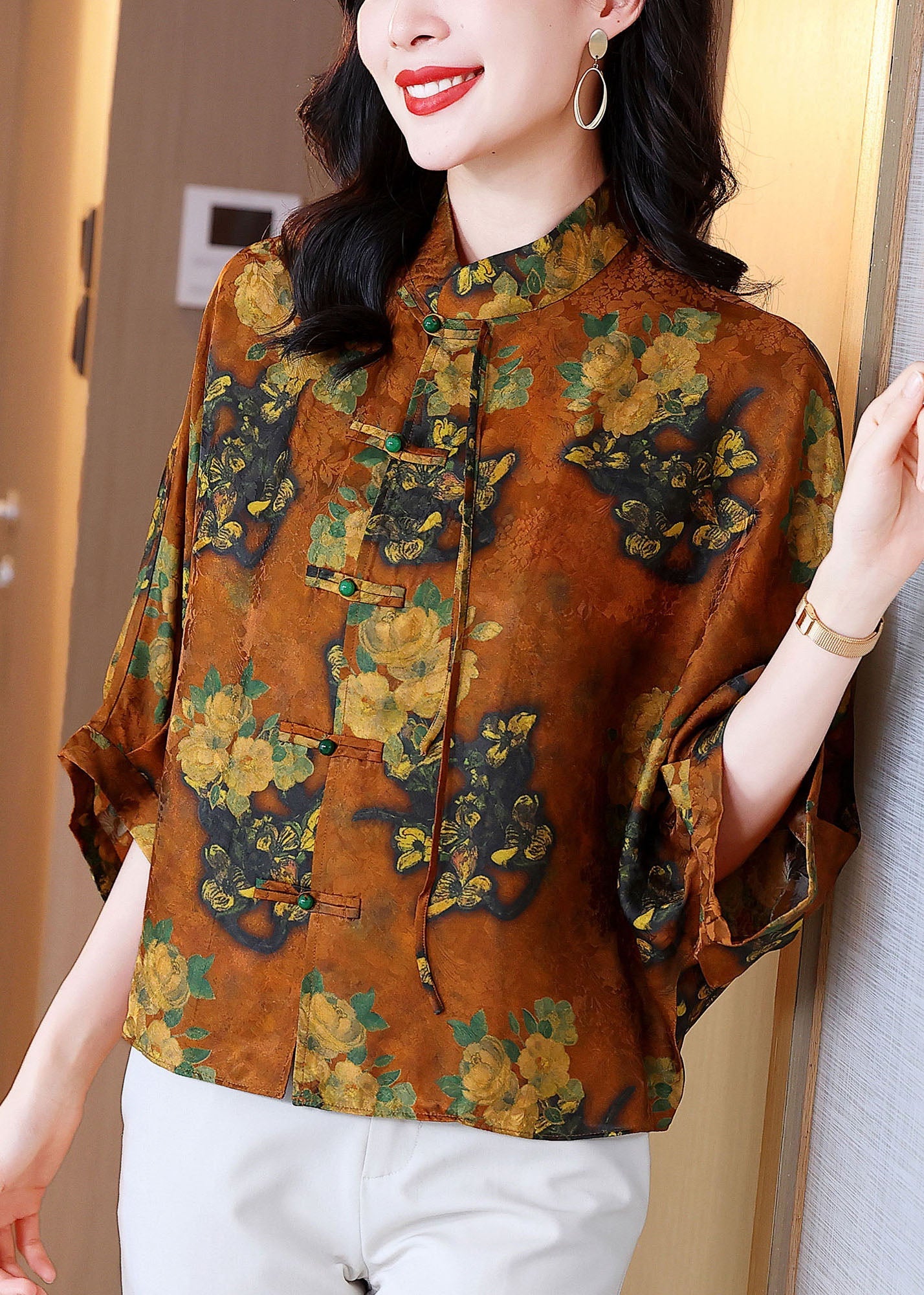 Orange Stand Collar Oriental Button Print Silk Blouses Batwing Sleeve