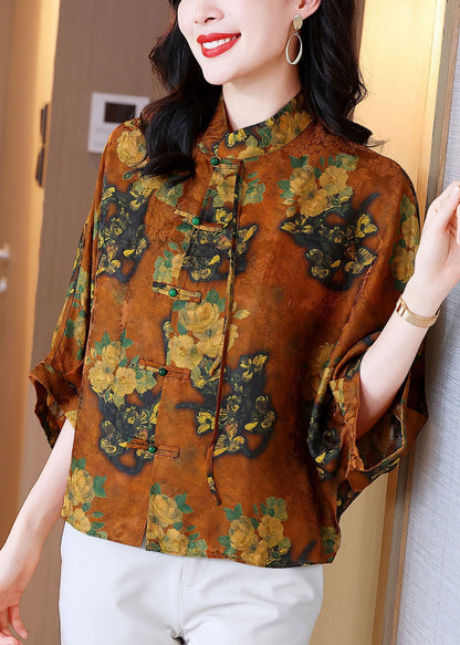Orange Stand Collar Oriental Button Print Silk Blouses Batwing Sleeve