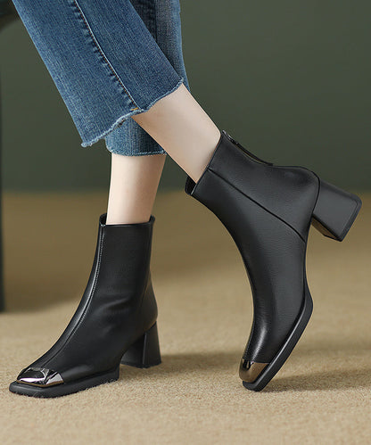 Zippered Splicing Chunky Boots Brown Cowhide Leather