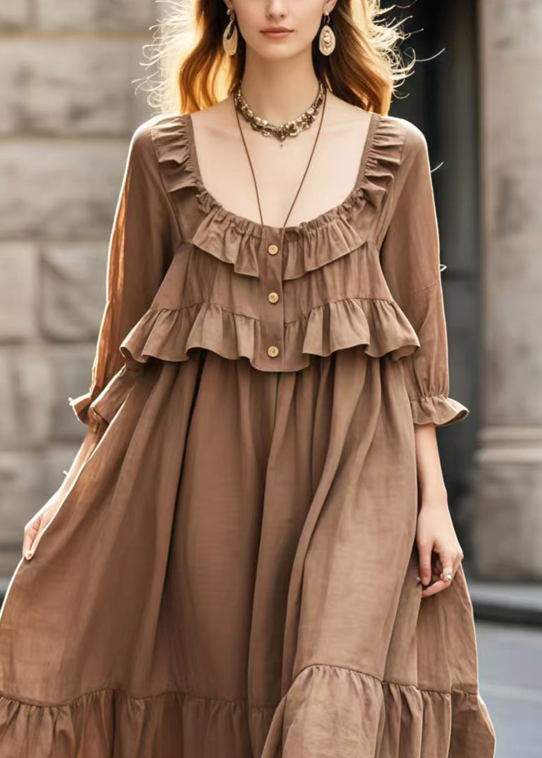 Brown U Neck Patchwork Ruffles Long Dress Summer