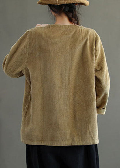 Khaki V Neck Pockets Button Corduroy Coats Long Sleeve