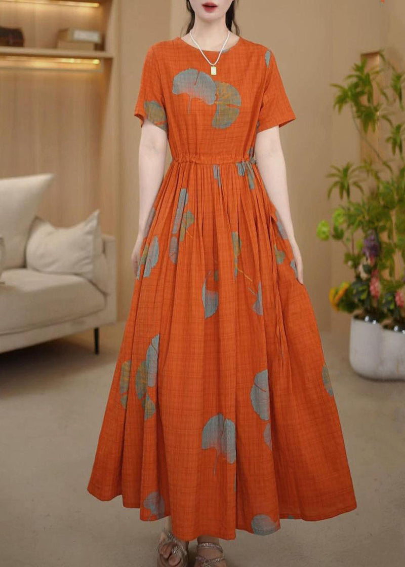 Italian Orange Cinched Print Cotton Maxi Dresses Summer