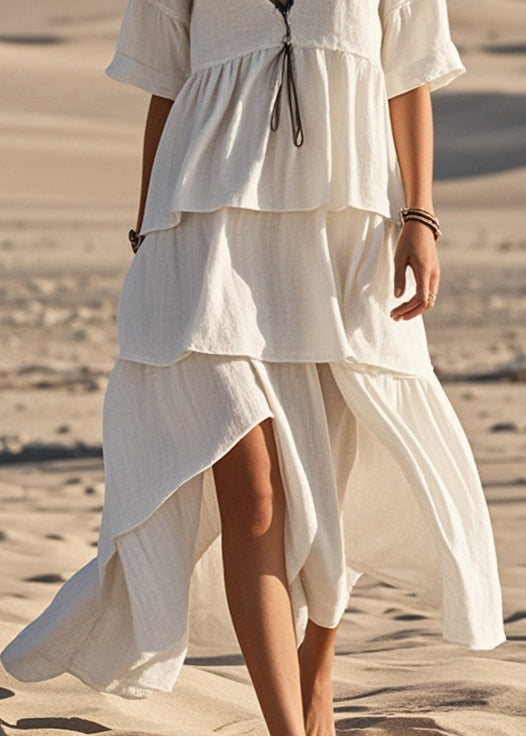 White Asymmetrical Design Cotton Long Dress Summer
