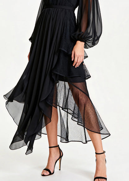 Black Hollow Out Patchwork Tulle Chiffon Party Dresses Summer