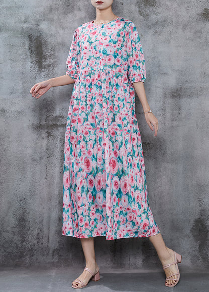 French Pink Print Cotton Long Dress Summer