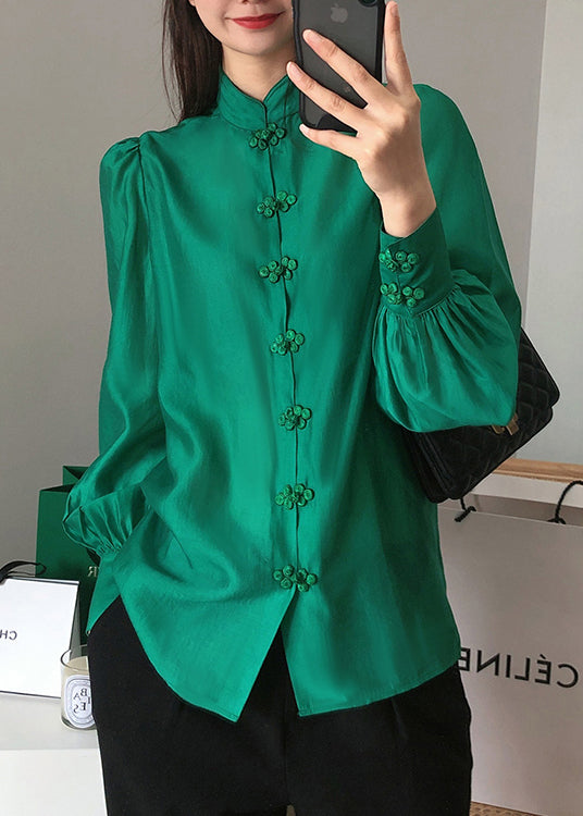 Green Stand Collar Chinese Button Silk Blouse Top Long Sleeve