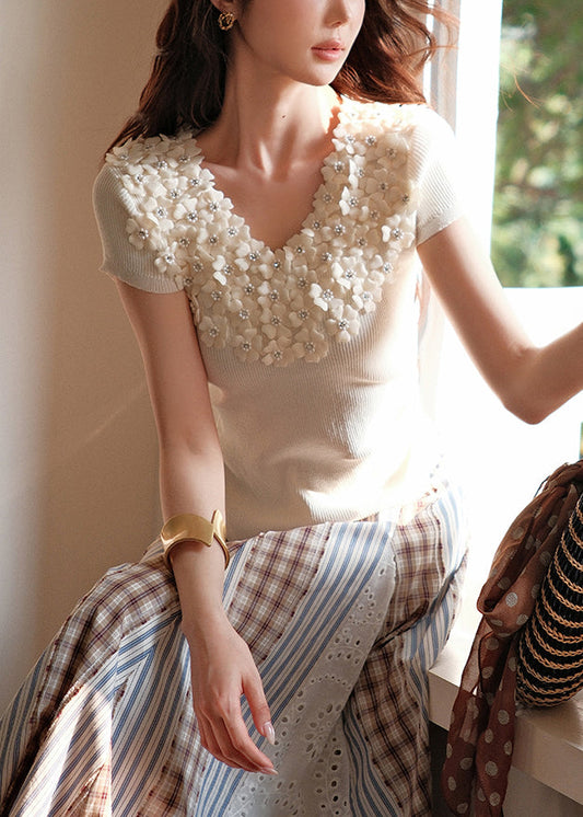 Art Beige V Neck Nail Bead Knit T Shirts Summer