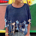 Women's Abstract Geometric Cat Art Print Vintage Linen Crew Neck T-shirt elevenforest