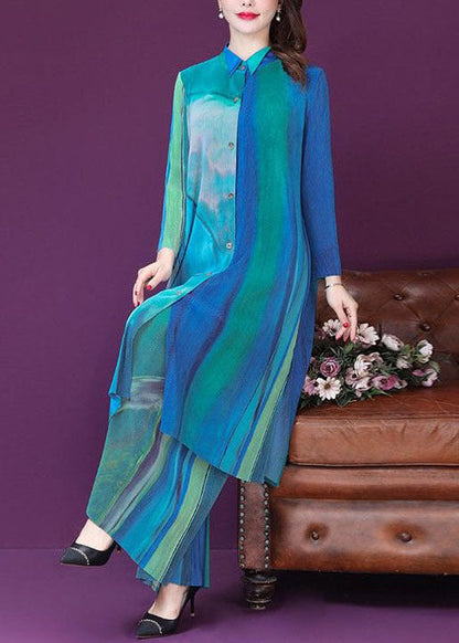 Blue Peter Pan Collar Tie Dye Silk Two Piece Set Long Sleeve