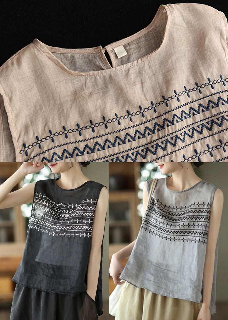 Black Embroideried Linen Tank Tops Sleeveless