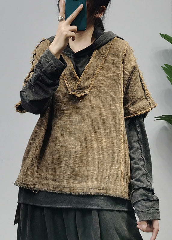 Yellow Patchwork Linen Tanks Short Sleeve