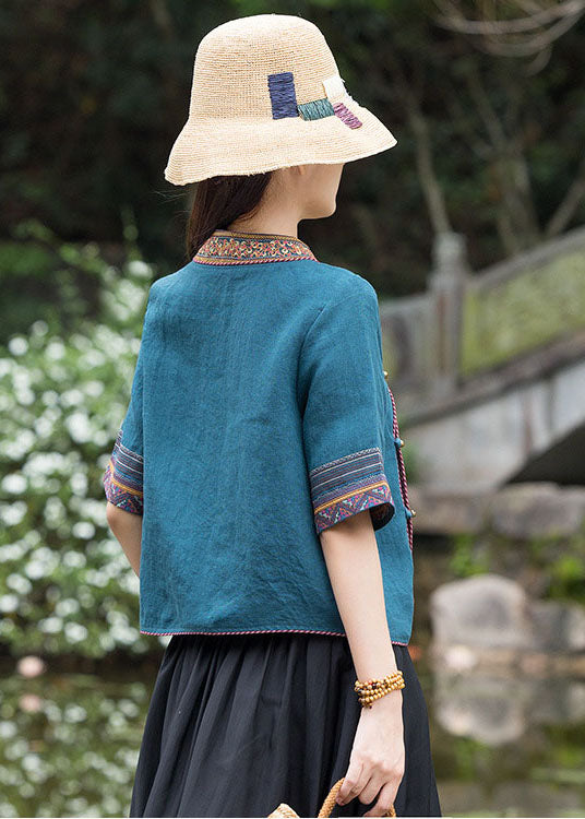 Art Peacock Blue Style Embroideried Linen Top Half Sleeve