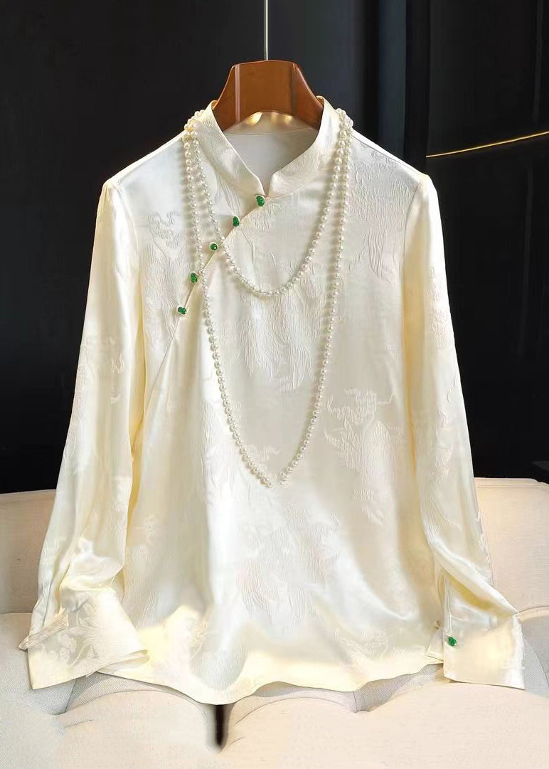 Jacquard Green Stand Collar Button Silk Shirt Long Sleeve