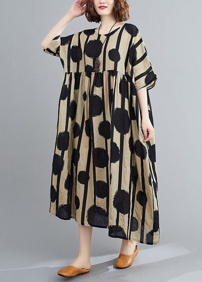 Black Print Cotton Long Dress O-neck Exra Large Hem Summer