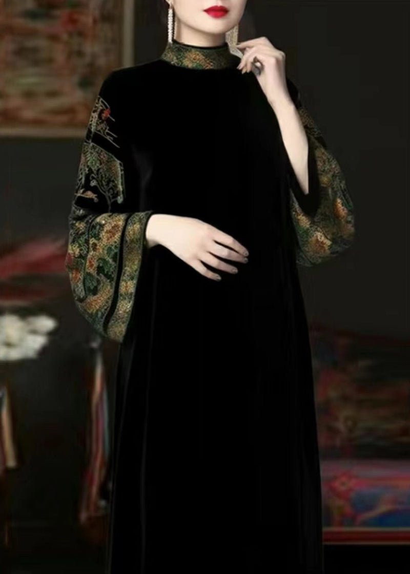 Black Turtleneck Print Patchwork Silk Velour Long Dresses Fall