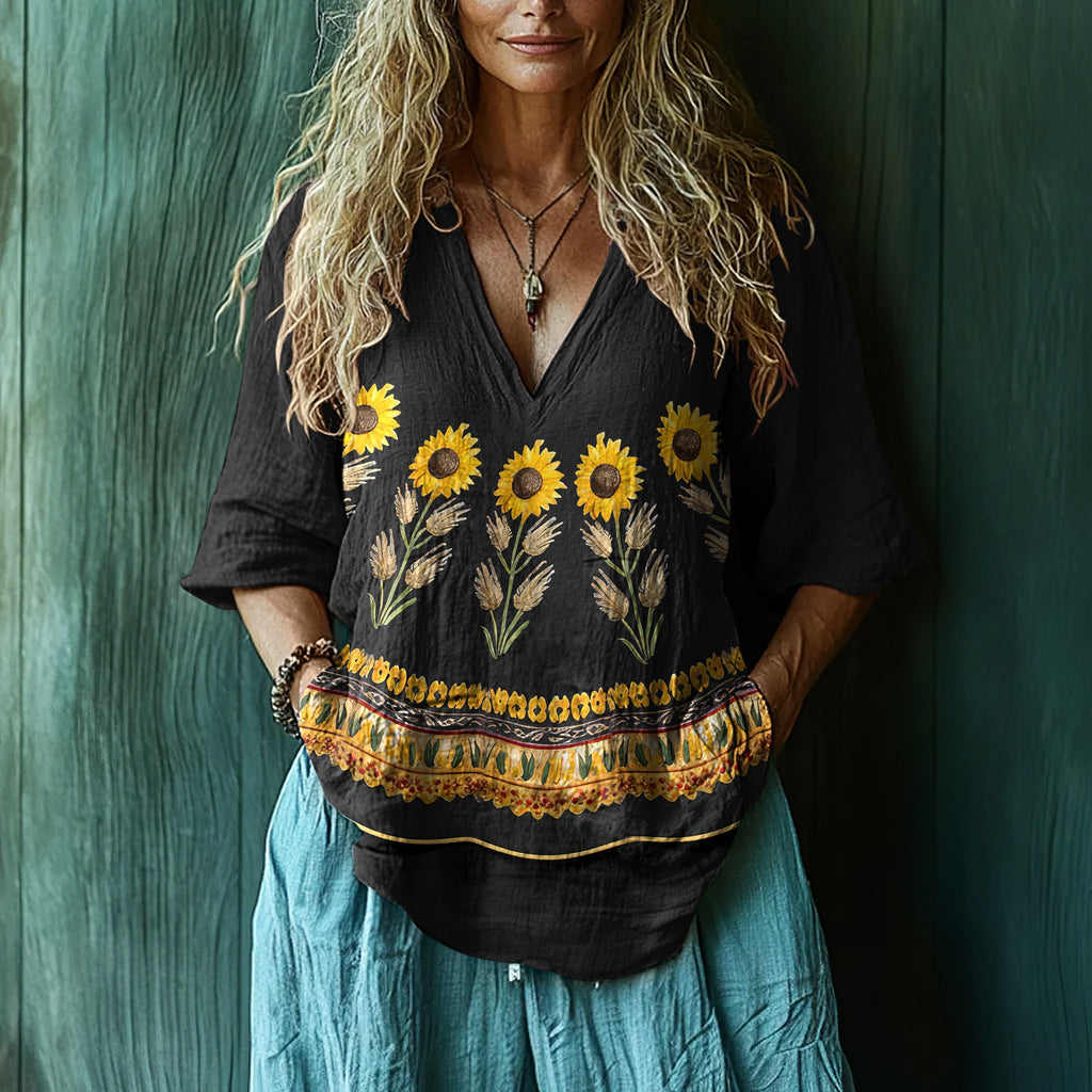 Comstylish Vintage Boho Sunflower Art Print Short Sleeve V-neck Shirt