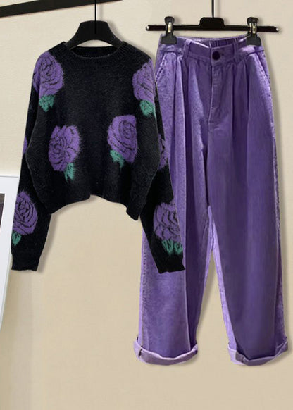 Black Print O-neck Cotton Knit Sweater and Straight Pants Two Pieces Set Spring
