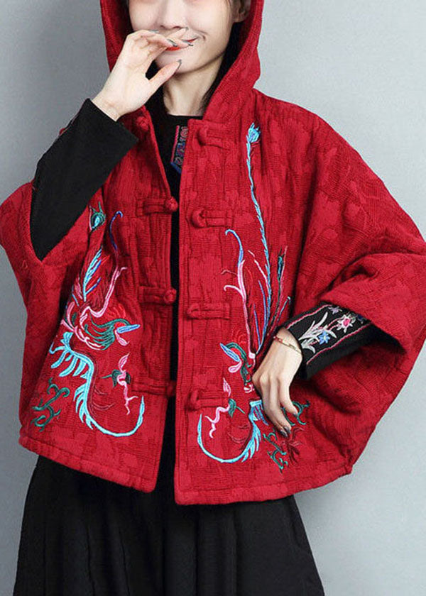 Red Hooded Embroideried Warm Fleece Coat Batwing Sleeve