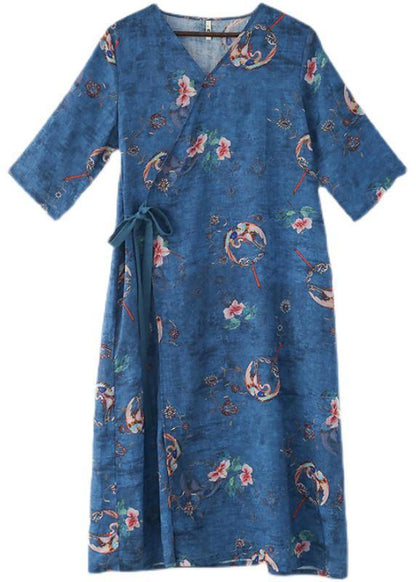 Simple Blue Print Tie Waist Long Dresses Summer Ramie