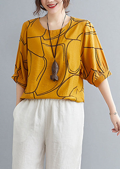 Loose Yellow O-neck Print Cotton Tank Tops Batwing Sleeve