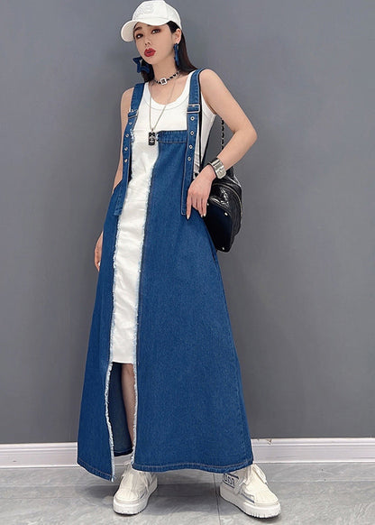 Denim Blue Asymmetrical Design Patchwork Cotton Fake Two Piece Strap Dress Summer