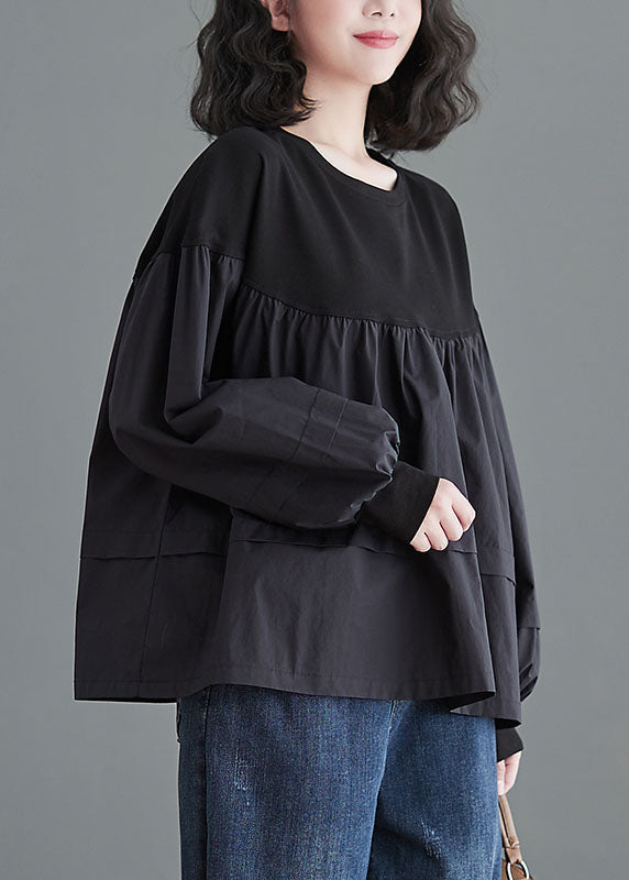 Black O Neck Patchwork Cotton Shirt Tops Spring