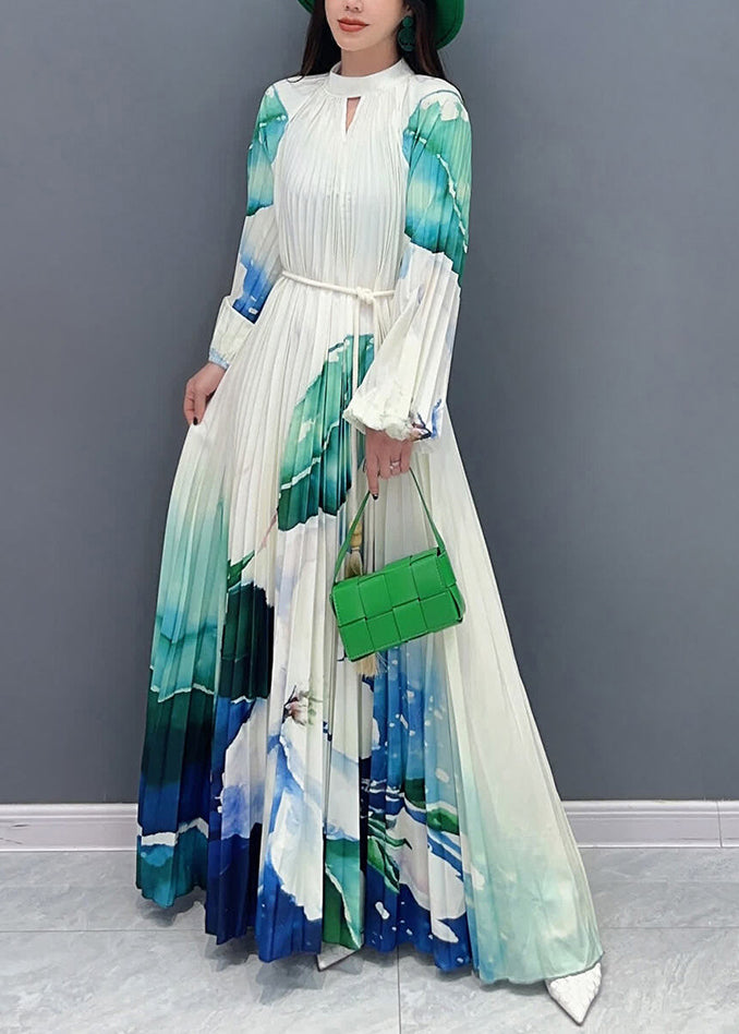 Green Turtleneck Print Tie Waist Long Dresses Long Sleeve