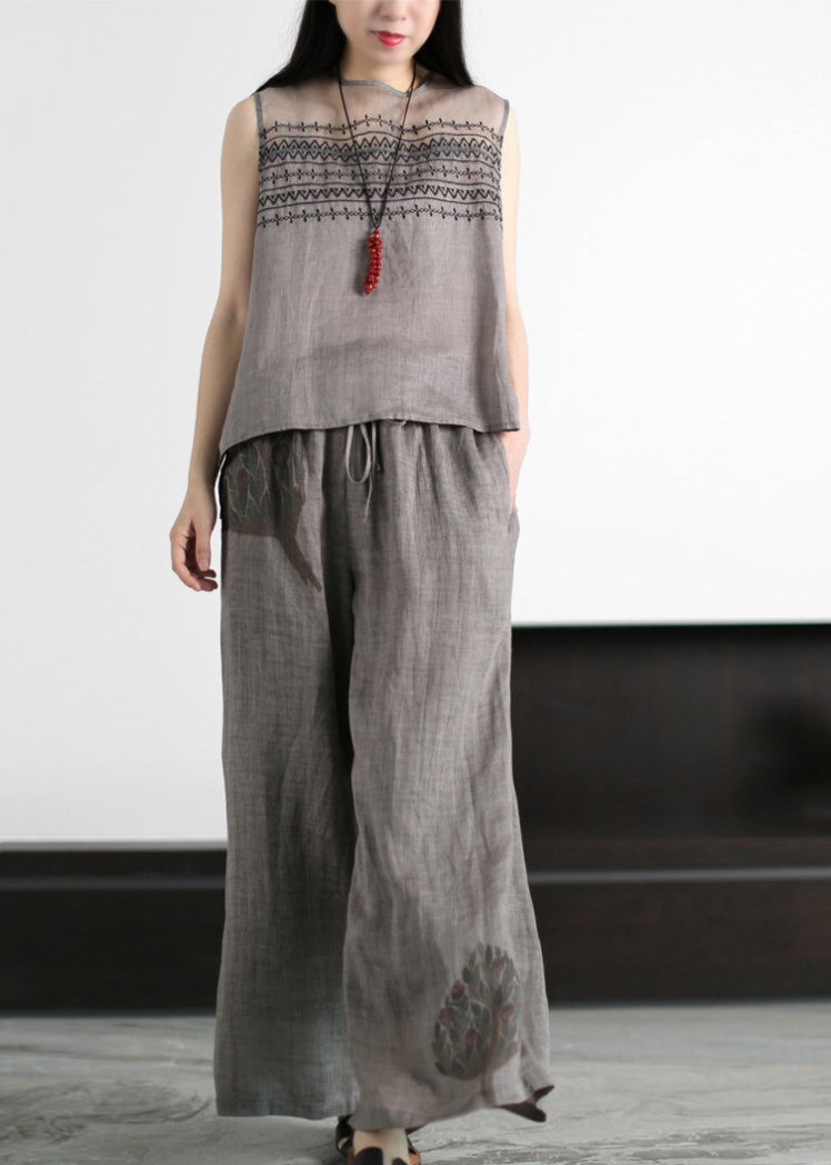 Grey Embroideried Hollow Out Tulle Patchwork Linen Two Piece Suit Set Sleeveless