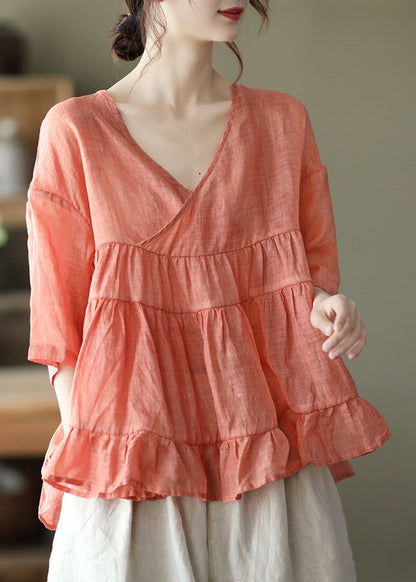 Orange Loose Linen Shirt Tops Half Sleeve