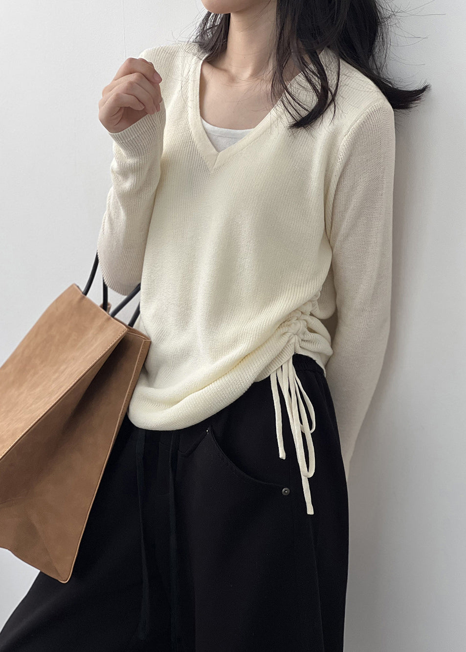 French Apricot V Neck Cinched Knit T Shirts Top Fall