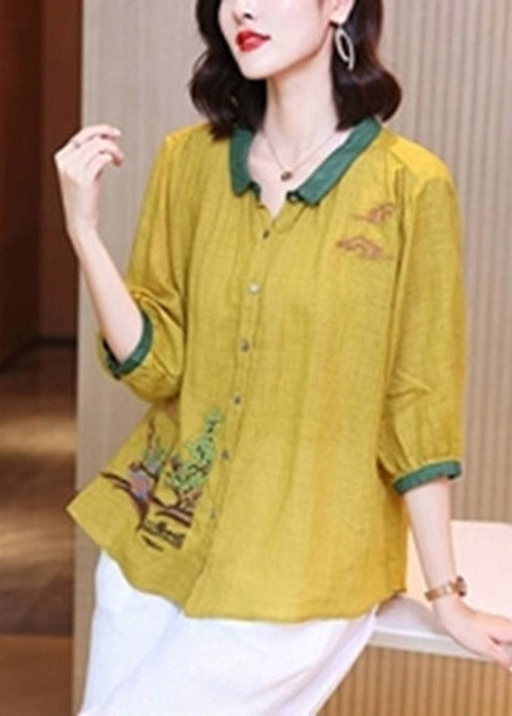 Unique Yellow Peter Pan Collar Embroiderie Button Linen Top Long Sleeve