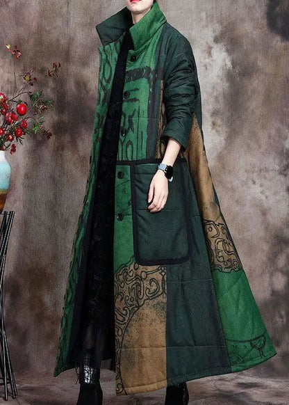 Boutique Green Print Pockets Thick Cotton Winter Long Sleeve Coat