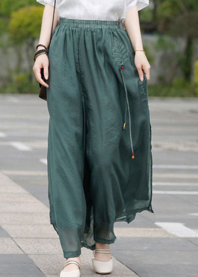 Army Green Linen Pants Side Open Drawstring Spring