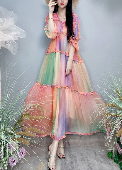 Top Quality Gradient Color Ruffled Patchwork Silk Exra Large Hem Long Dress Fall