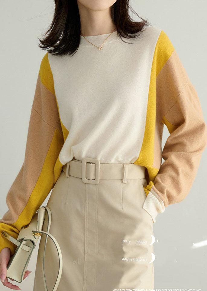 Colorblock O-neck Patchwork Side Open Cashmere Sweater Spring
