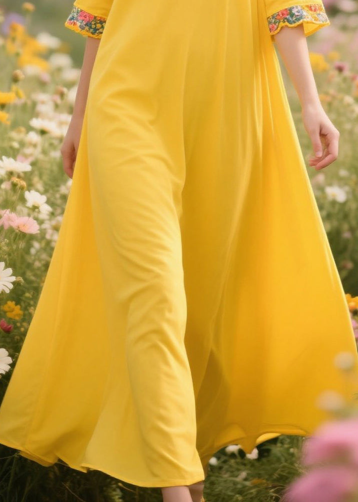 Yellow V Neck Patchwork Cotton a Line Dress Summer