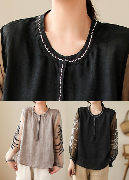 Simple Grey O-neck Embroideried Linen Top Spring