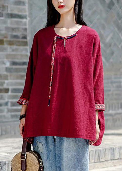 Wine Red Tasseled Linen T Shirt O-neck Fall