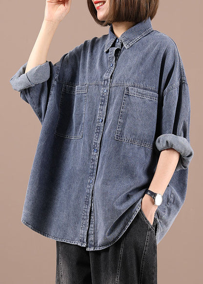Blue Peterpan Collar Pockets Button Fall Coat Long Sleeve