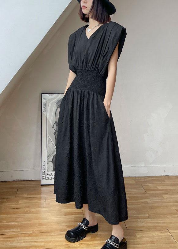 Black Cinched V Neck Sleeveless Summer Maxi Dresses