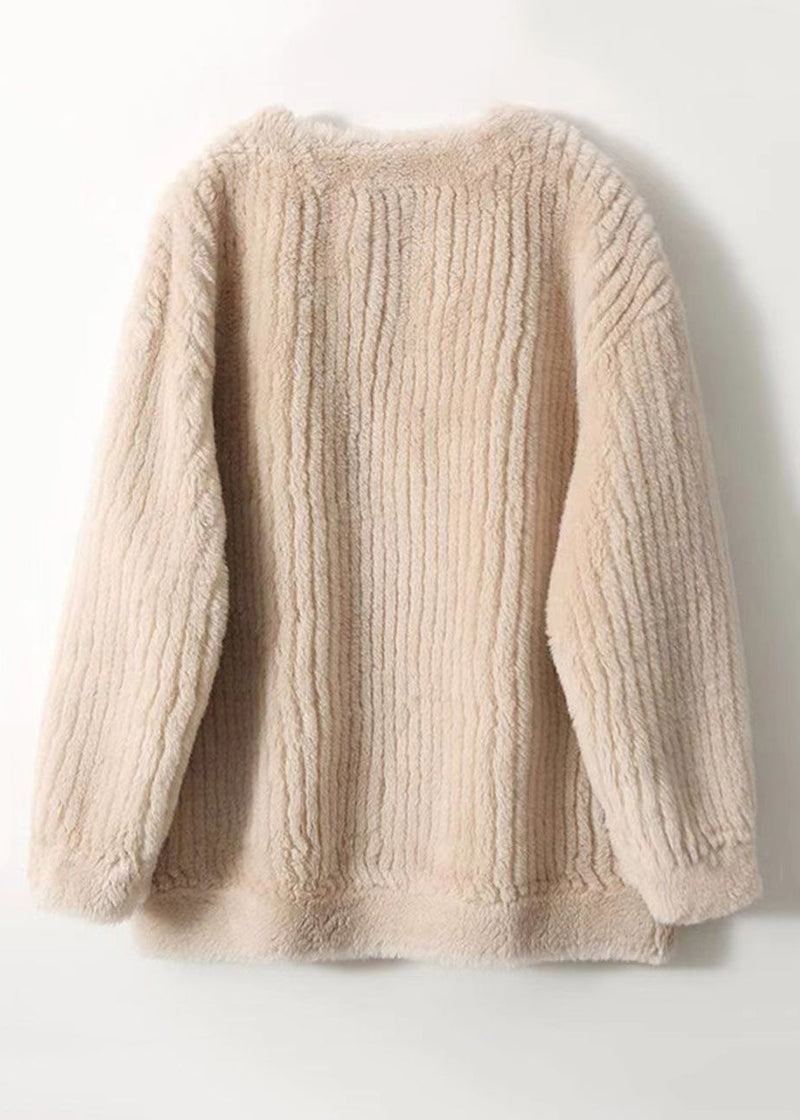 White V Neck Pockets Patchwork Wool Coats Winter